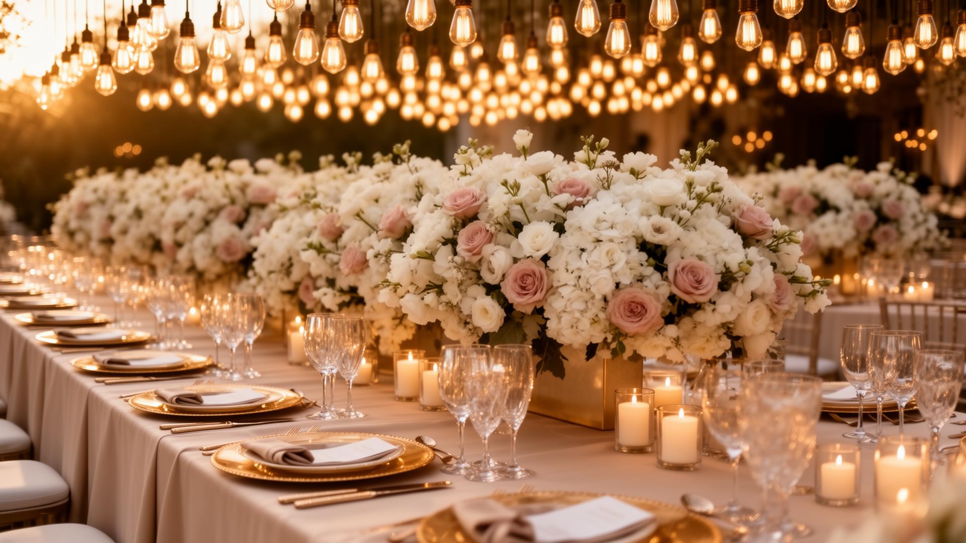 Luxury wedding reception with floral centerpieces and warm lighting